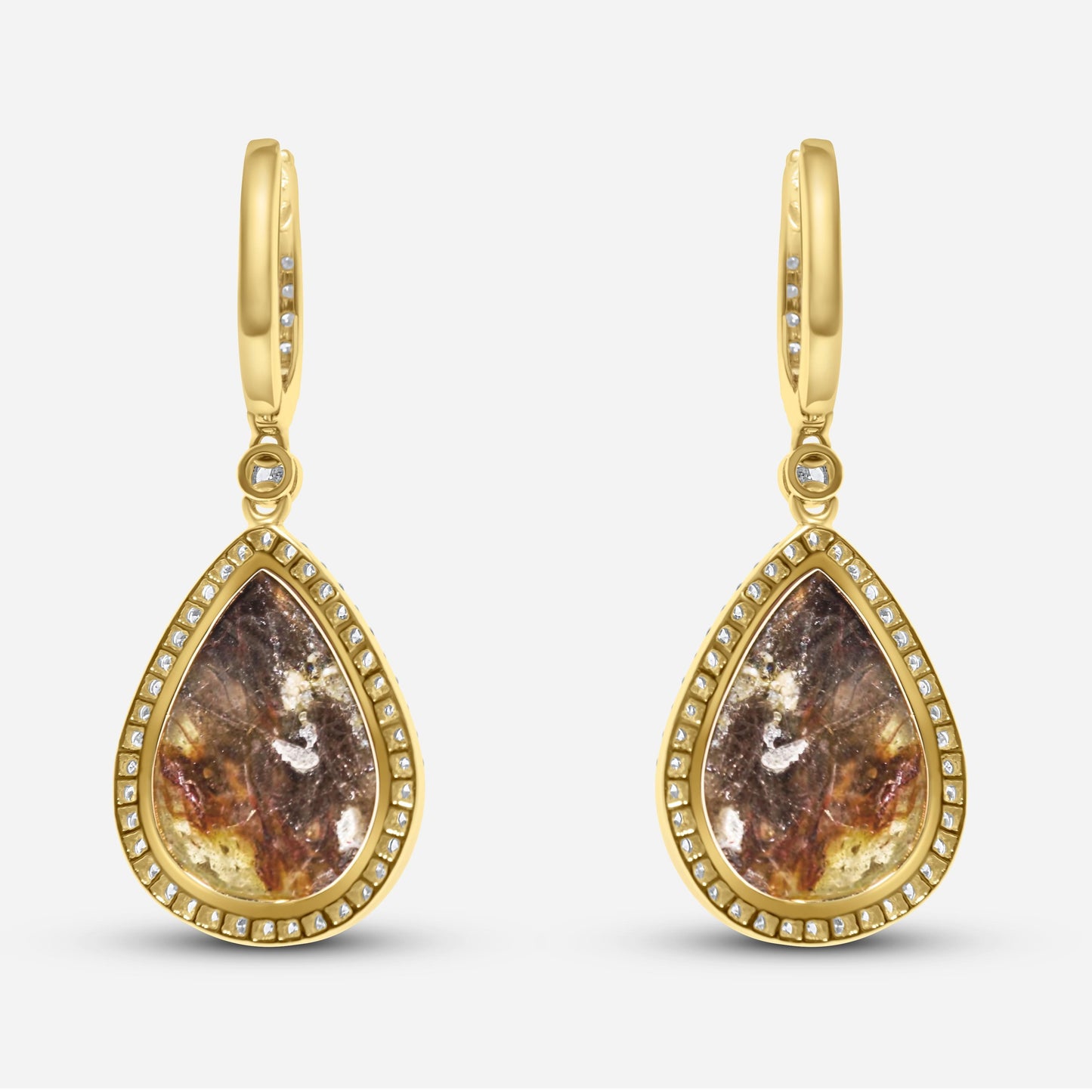 golden brown black sapphire pear drop shape sapphire diamond halo gold earrings