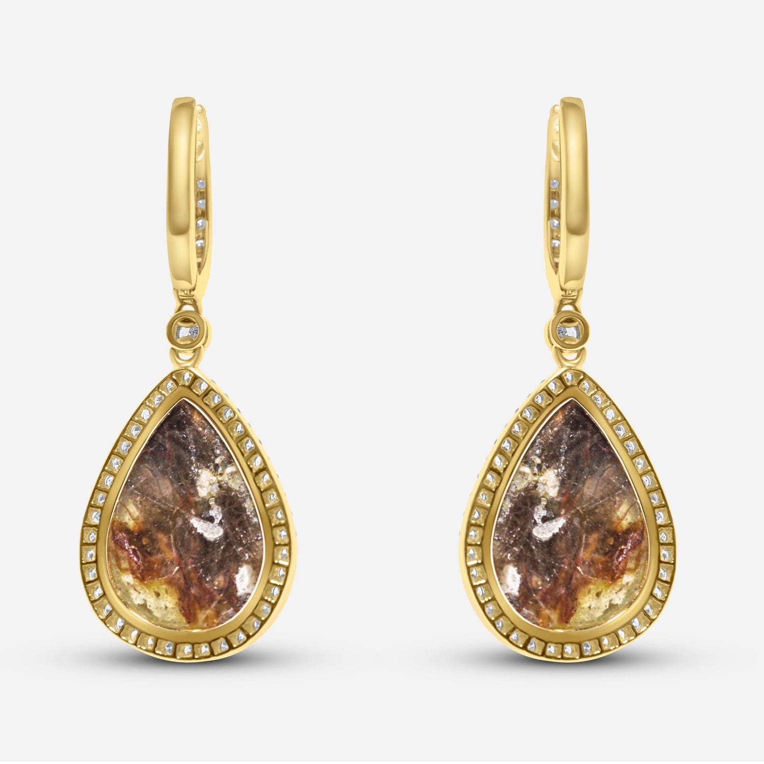 Golden Brown Black Sapphire Pear Drop Shape Sapphire Diamond Halo Gold Earrings