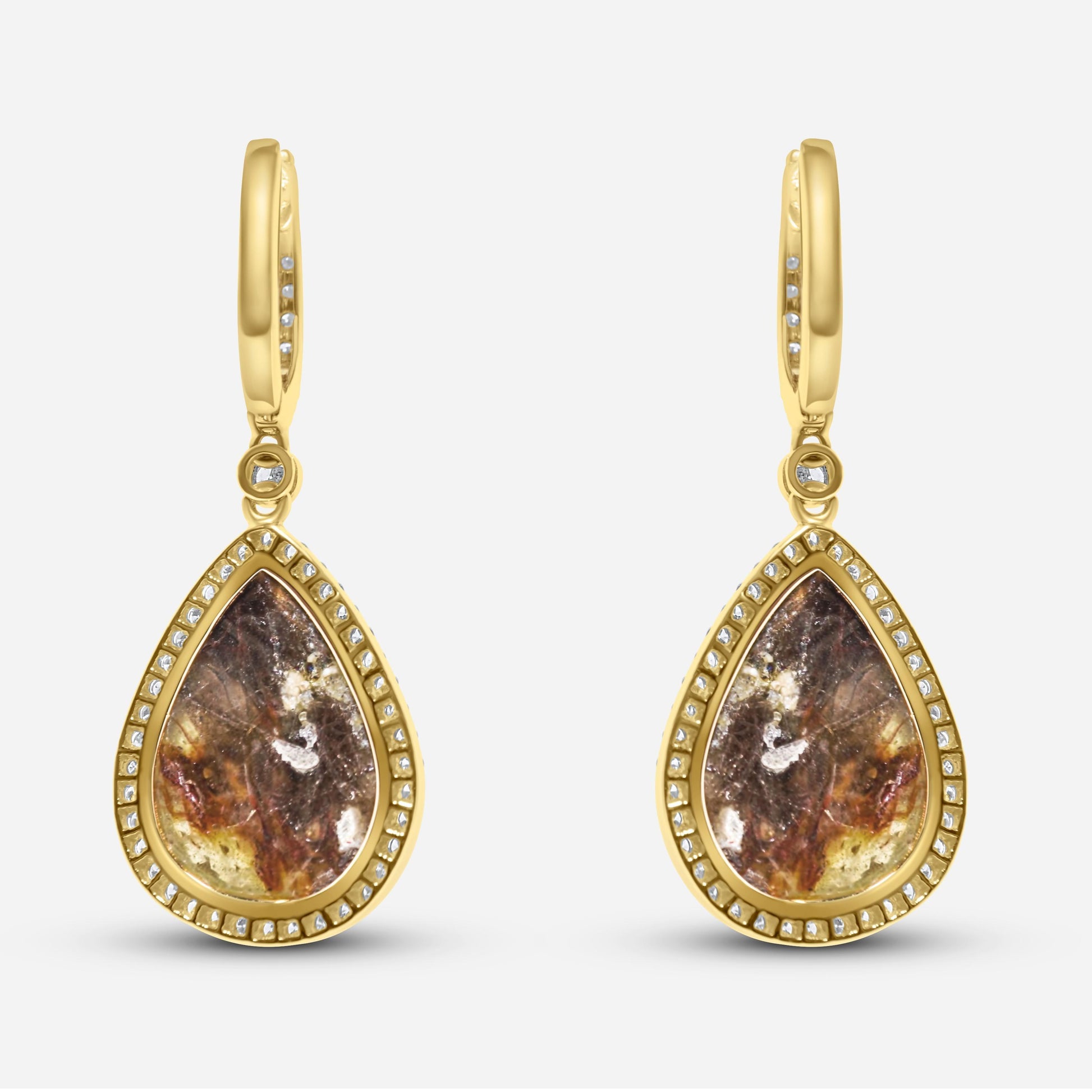Golden Brown Black Sapphire Pear Drop Shape Sapphire Diamond Halo Gold Earrings