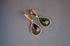 Golden Brown Black Sapphire Pear Drop Shape Sapphire Diamond Halo Gold Earrings