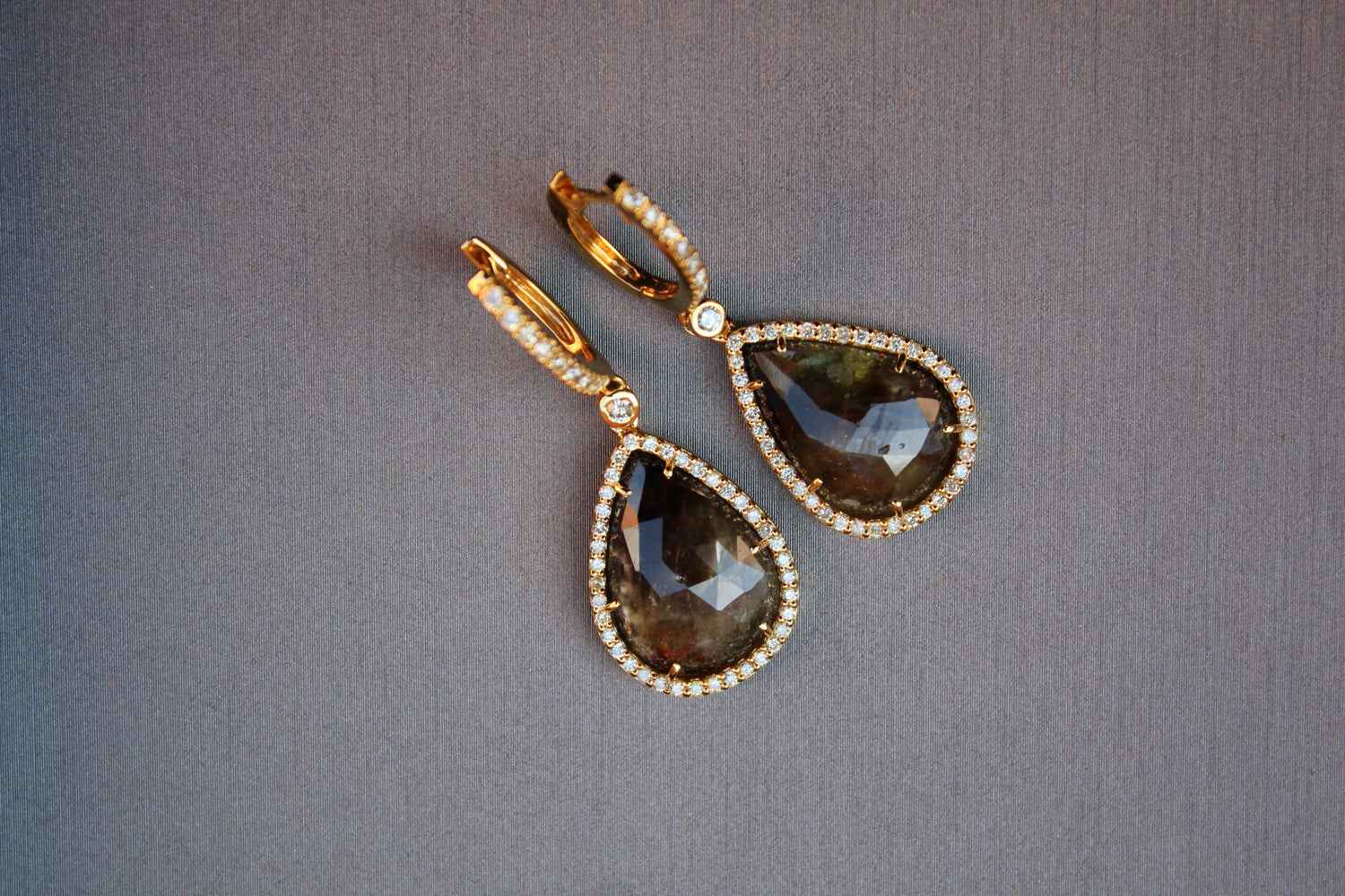 Golden Brown Black Sapphire Pear Drop Shape Sapphire Diamond Halo Gold Earrings