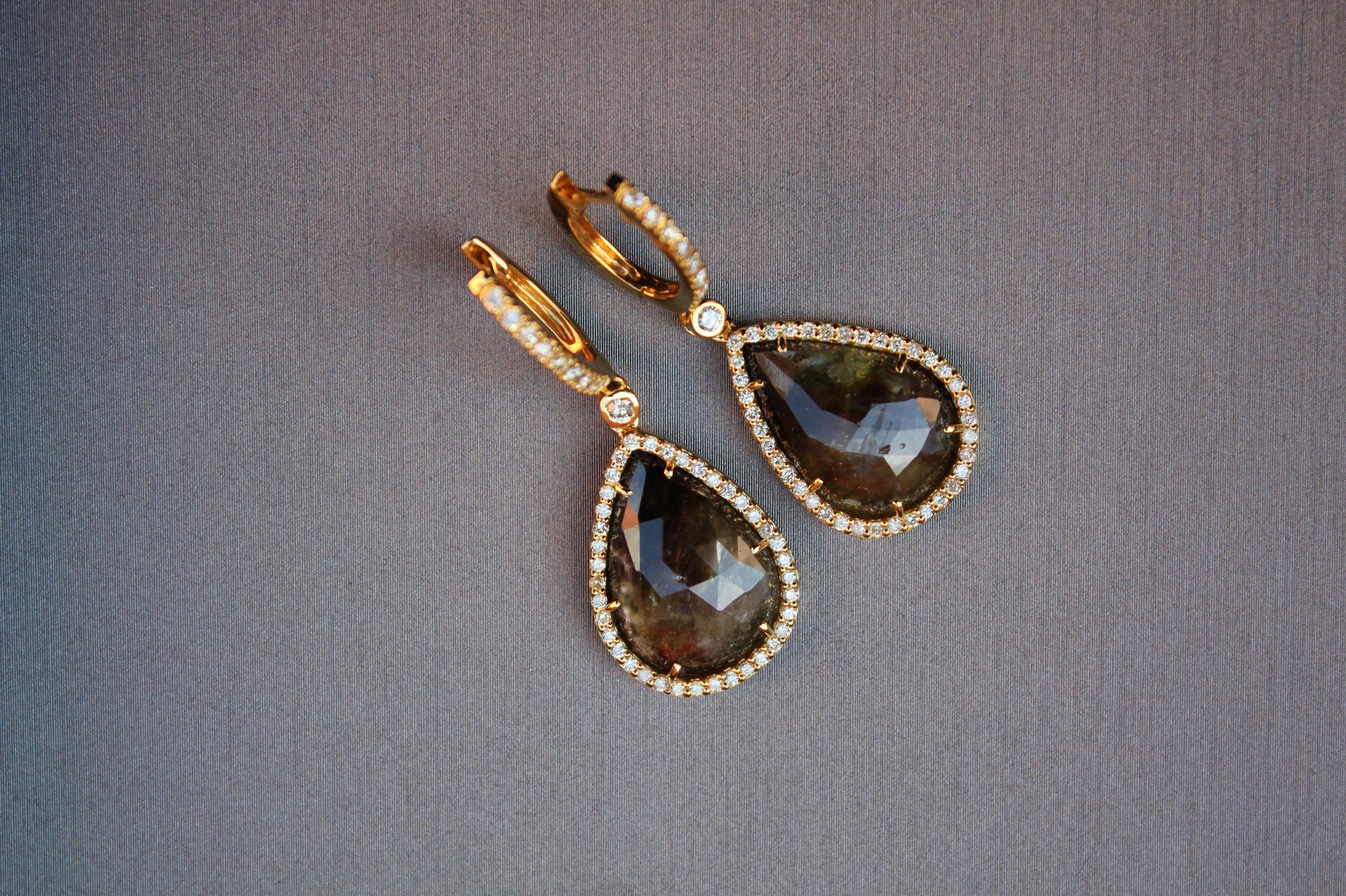 Golden Brown Black Sapphire Pear Drop Shape Sapphire Diamond Halo Gold Earrings