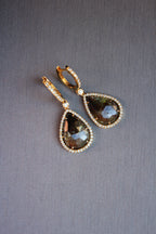 Golden Brown Black Sapphire Pear Drop Shape Sapphire Diamond Halo Gold Earrings