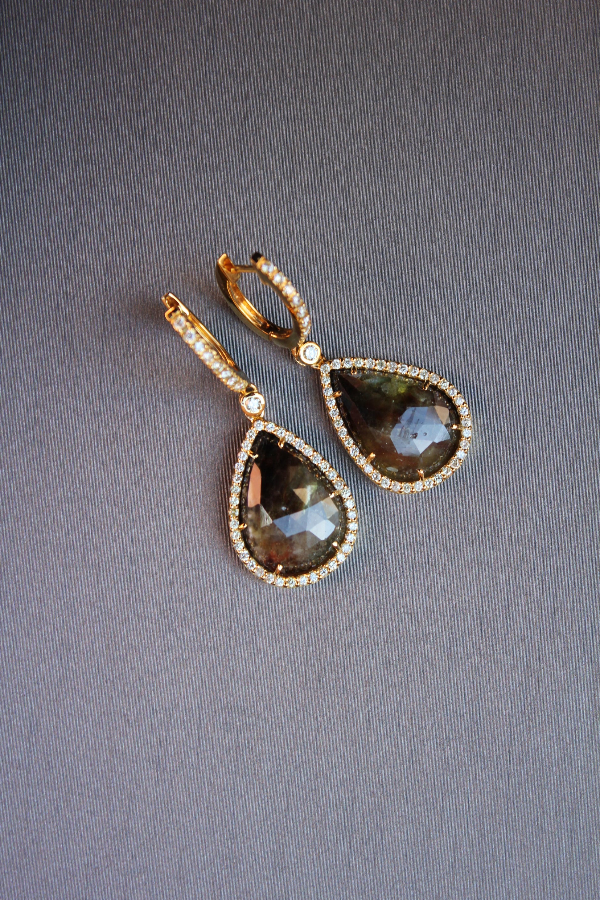Golden Brown Black Sapphire Pear Drop Shape Sapphire Diamond Halo Gold Earrings
