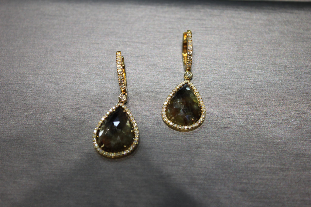 Golden Brown Black Sapphire Pear Drop Shape Sapphire Diamond Halo Gold Earrings