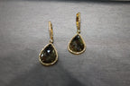 Golden Brown Black Sapphire Pear Drop Shape Sapphire Diamond Halo Gold Earrings