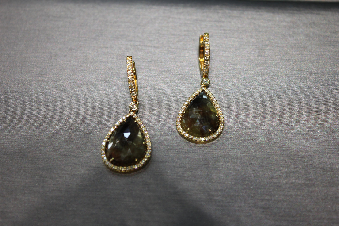 golden brown black sapphire pear drop shape sapphire diamond halo gold earrings
