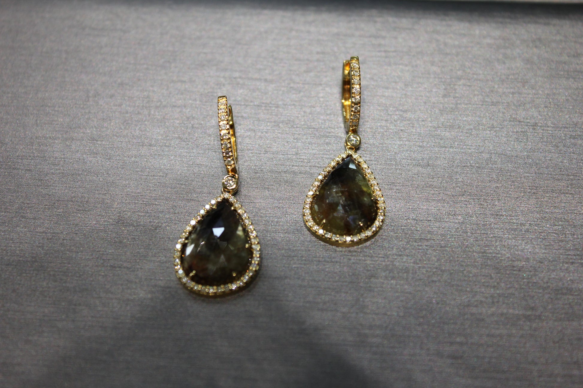 Golden Brown Black Sapphire Pear Drop Shape Sapphire Diamond Halo Gold Earrings