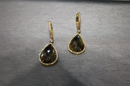 Golden Brown Black Sapphire Pear Drop Shape Sapphire Diamond Halo Gold Earrings