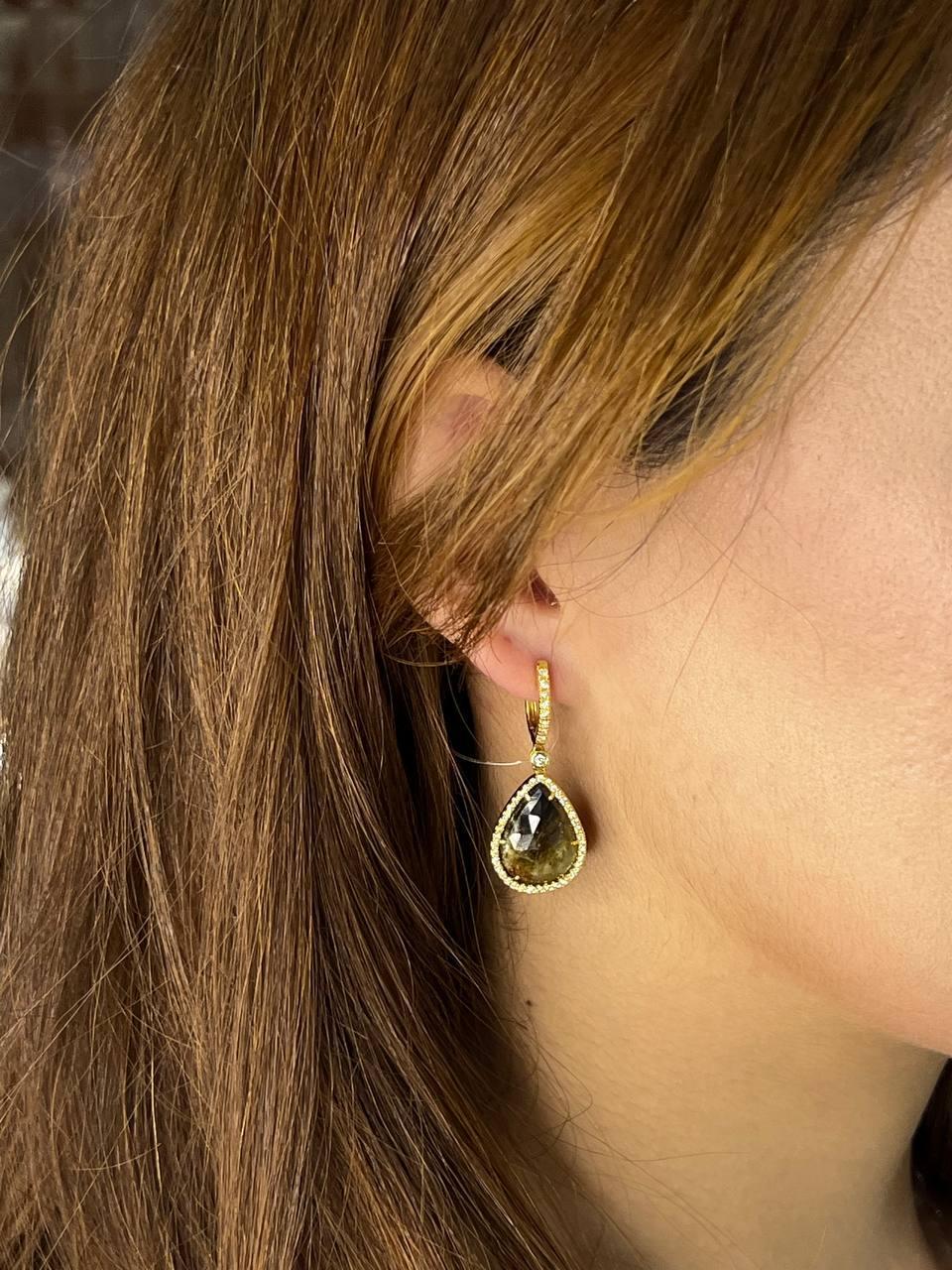Golden Brown Black Sapphire Pear Drop Shape Sapphire Diamond Halo Gold Earrings