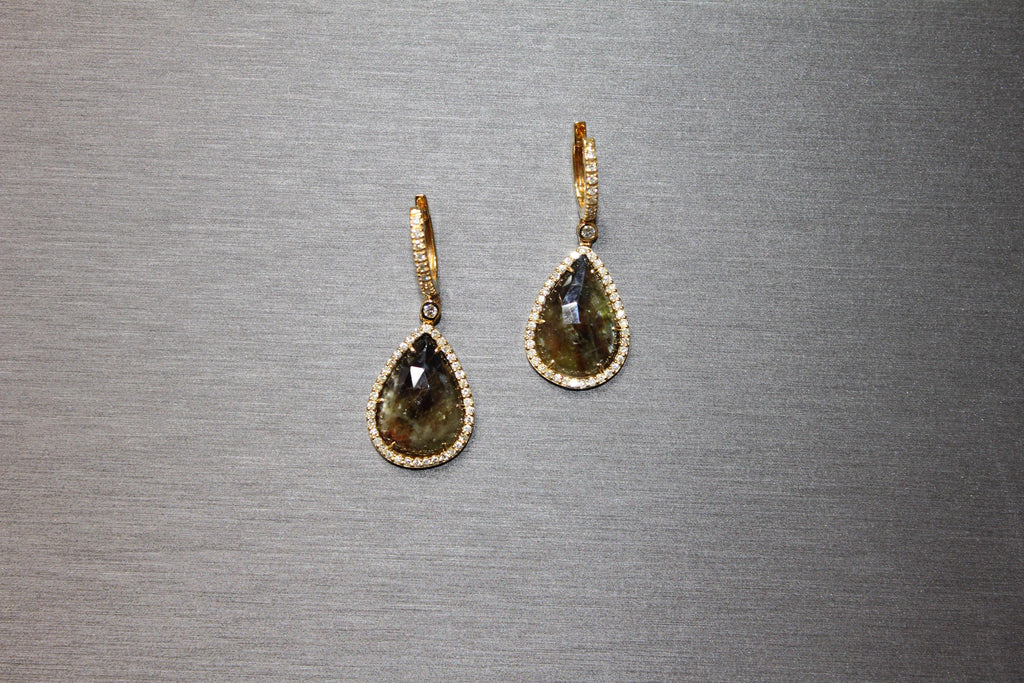 Golden Brown Black Sapphire Pear Drop Shape Sapphire Diamond Halo Gold Earrings
