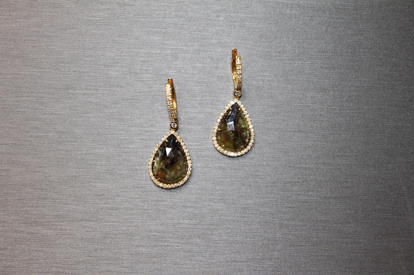 golden brown black sapphire pear drop shape sapphire diamond halo gold earrings