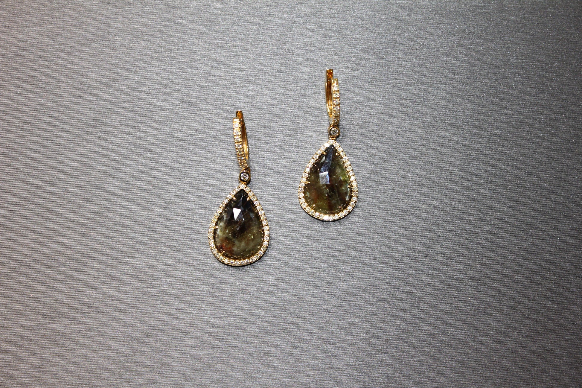 Golden Brown Black Sapphire Pear Drop Shape Sapphire Diamond Halo Gold Earrings