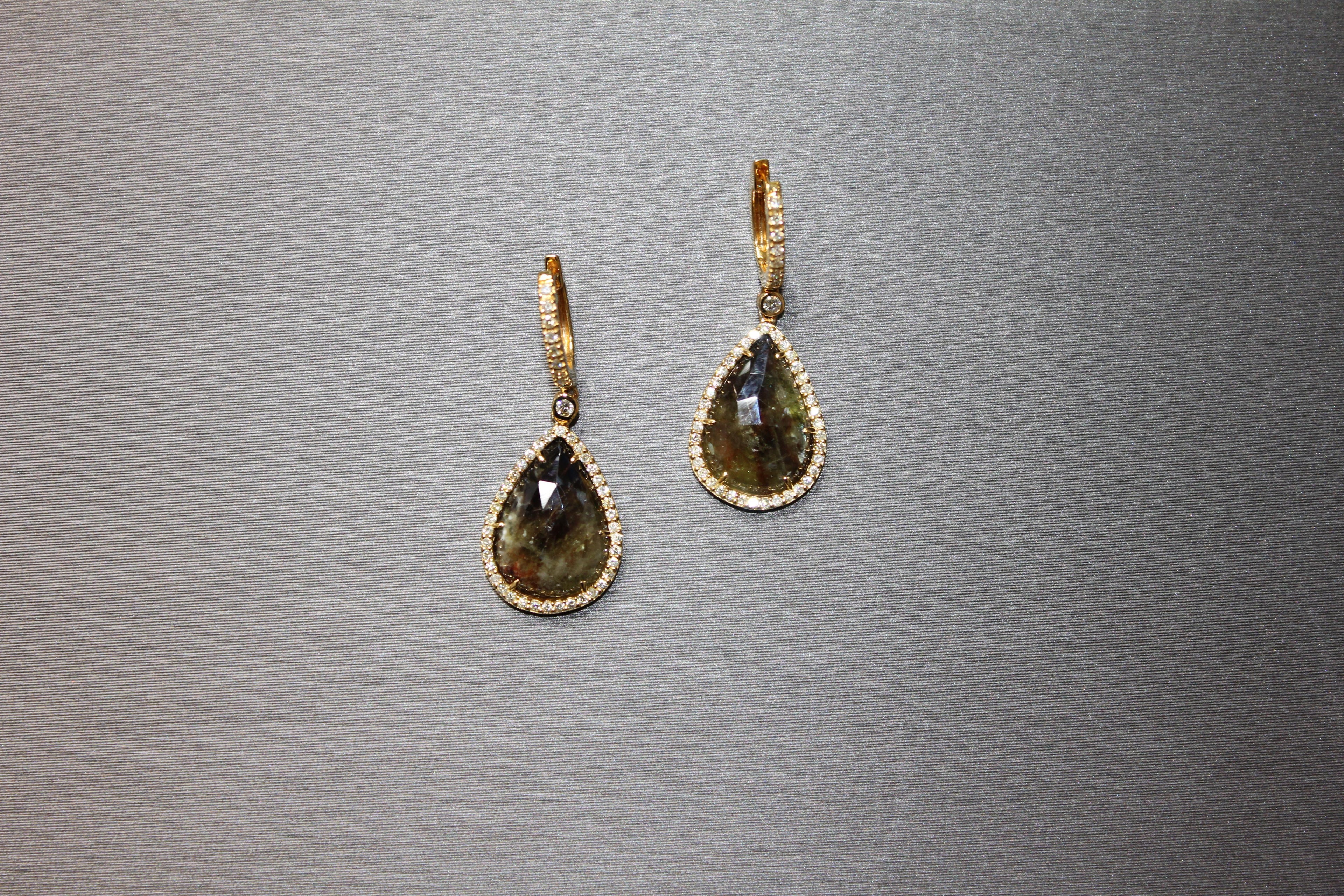 Golden Brown Black Sapphire Pear Drop Shape Sapphire Diamond Halo Gold Earrings