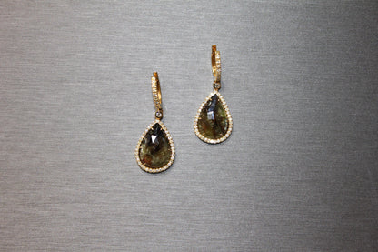 Golden Brown Black Sapphire Pear Drop Shape Sapphire Diamond Halo Gold Earrings