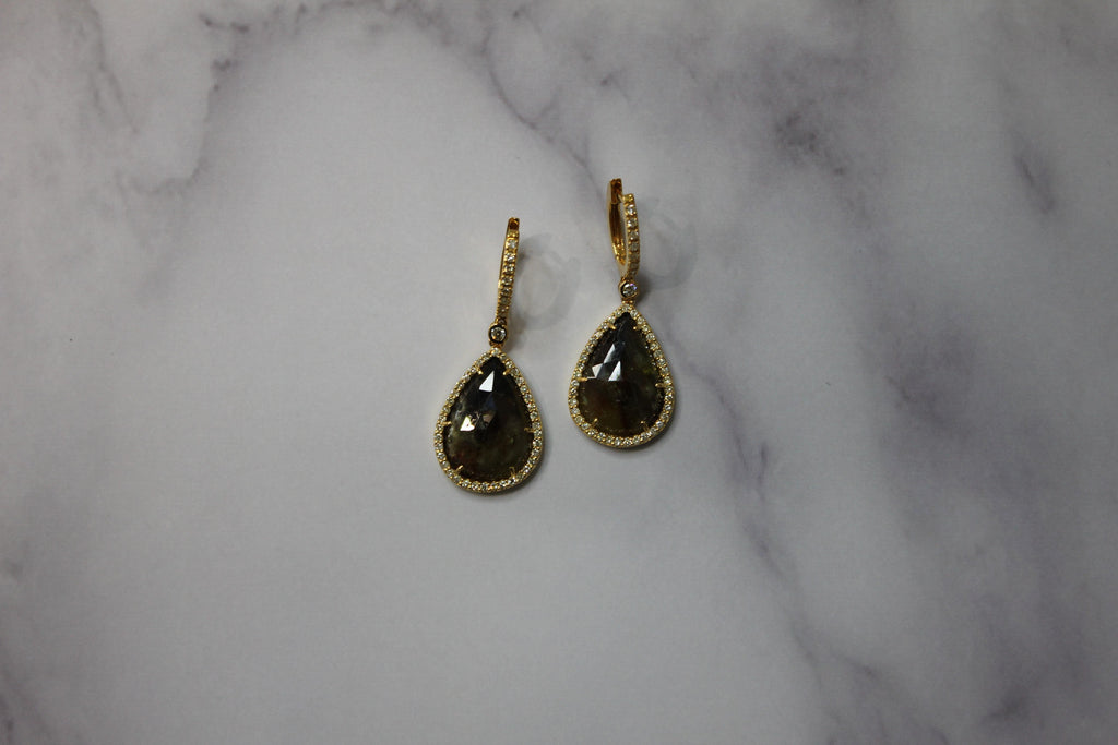 Golden Brown Black Sapphire Pear Drop Shape Sapphire Diamond Halo Gold Earrings