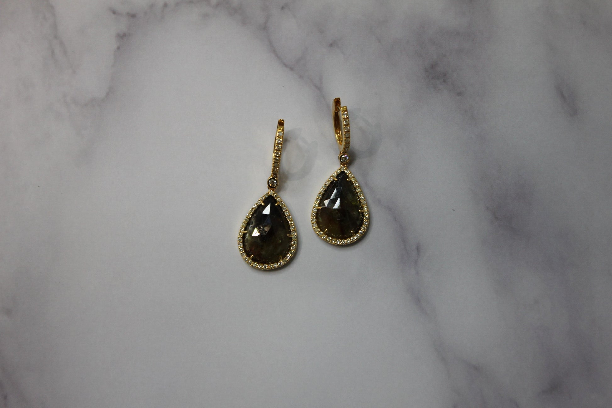 Golden Brown Black Sapphire Pear Drop Shape Sapphire Diamond Halo Gold Earrings