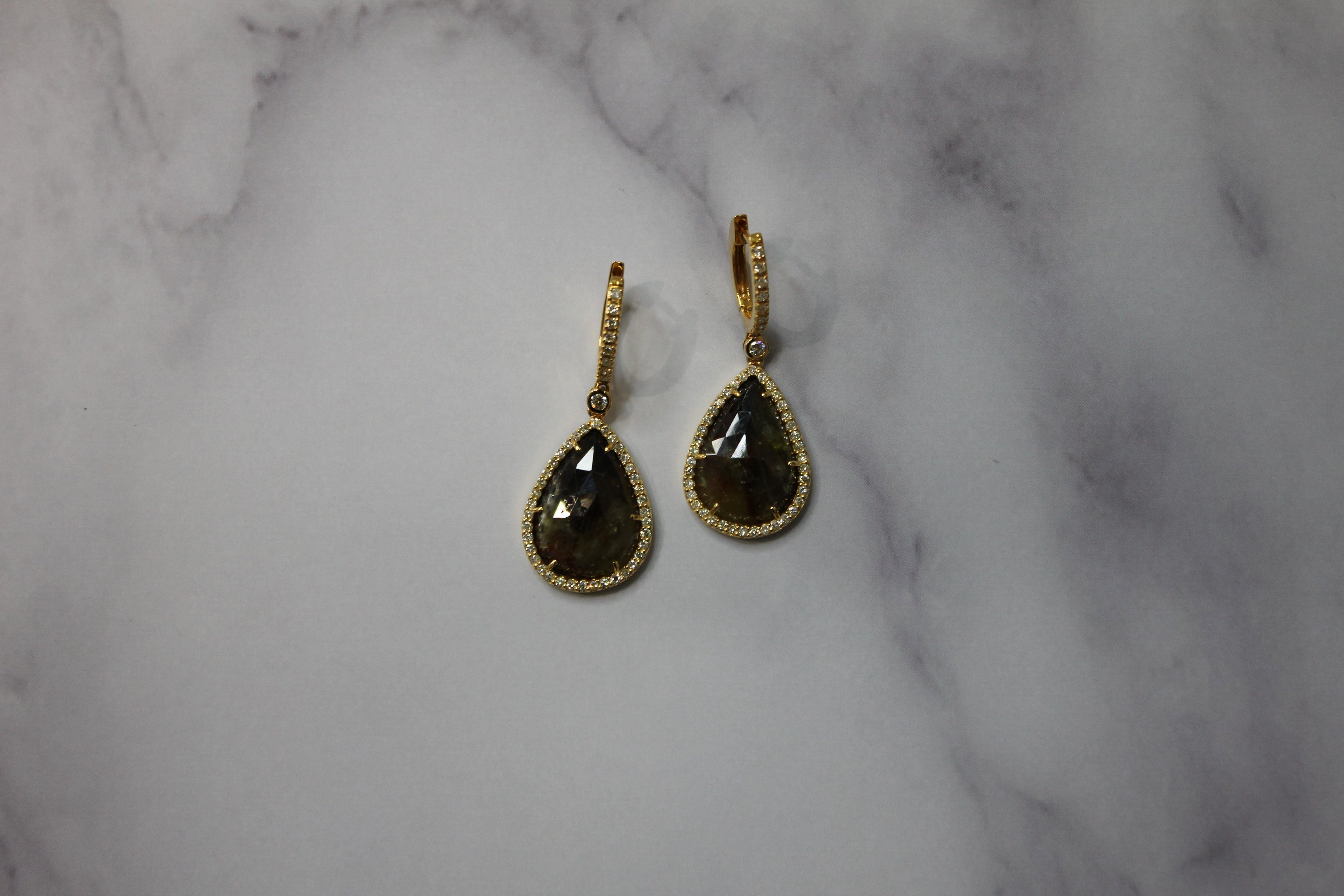 Golden Brown Black Sapphire Pear Drop Shape Sapphire Diamond Halo Gold Earrings