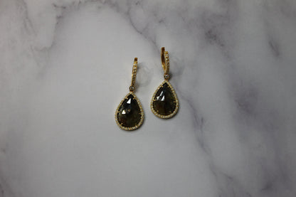 Golden Brown Black Sapphire Pear Drop Shape Sapphire Diamond Halo Gold Earrings