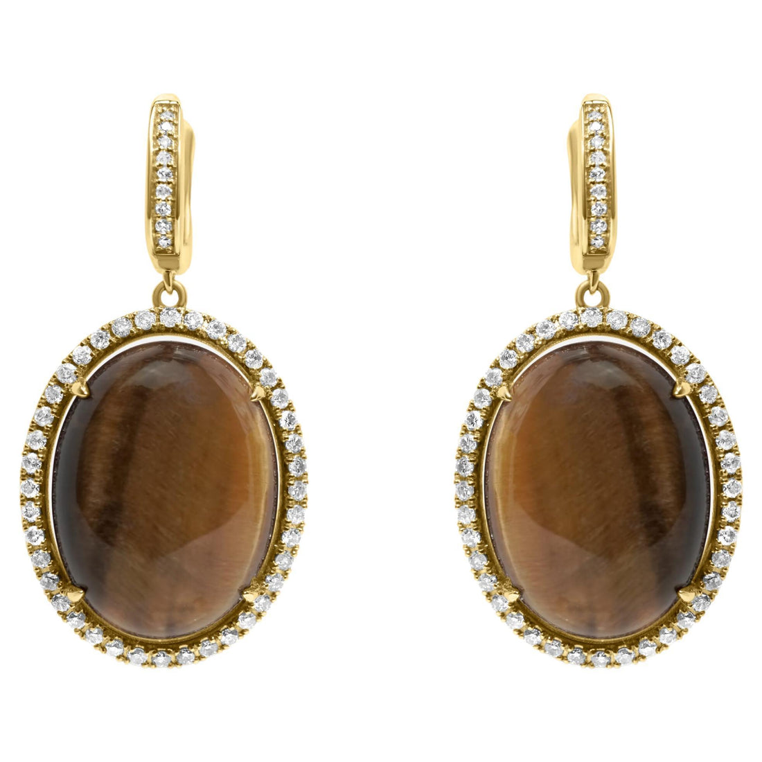 Golden Brown Tigers Eye Halo Yellow Gold Huggie Halo Diamond Pave Drop Earrings