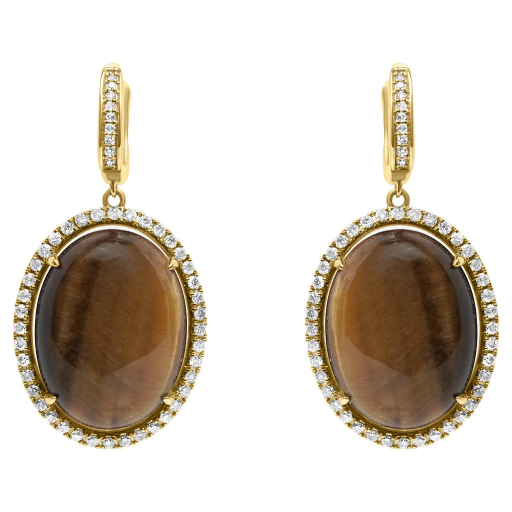 Golden Brown Tigers Eye Halo Yellow Gold Huggie Halo Diamond Pave Drop Earrings