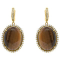 Golden Brown Tigers Eye Halo Yellow Gold Huggie Halo Diamond Pave Drop Earrings
