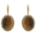 Golden Brown Tigers Eye Halo Yellow Gold Huggie Halo Diamond Pave Drop Earrings