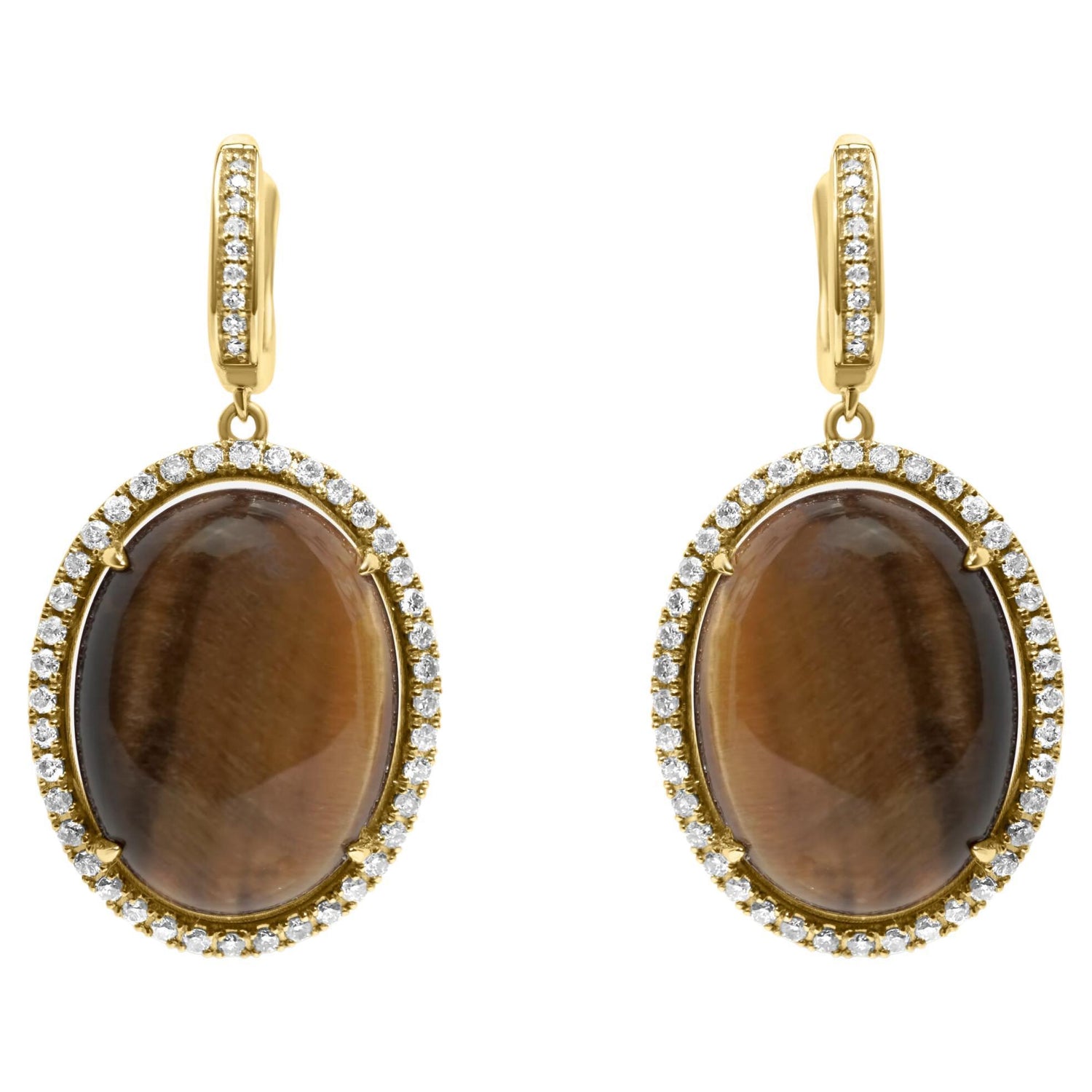 Golden Brown Tigers Eye Halo Yellow Gold Huggie Halo Diamond Pave Drop Earrings