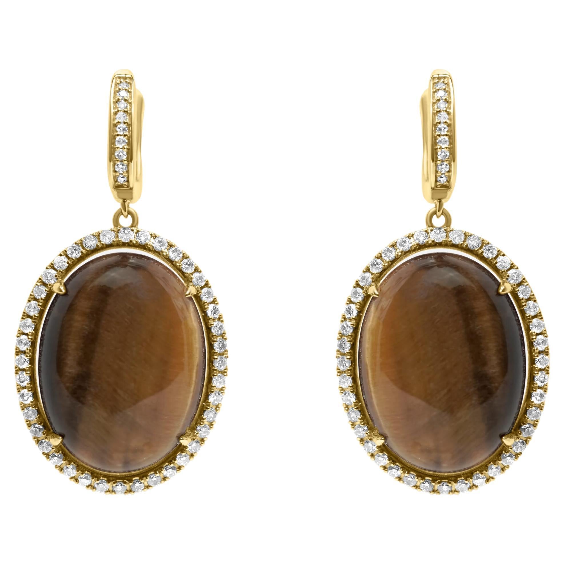 Golden Brown Tigers Eye Halo Yellow Gold Huggie Halo Diamond Pave Drop Earrings