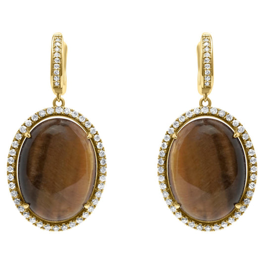 Golden Brown Tigers Eye Halo Yellow Gold Huggie Halo Diamond Pave Drop Earrings