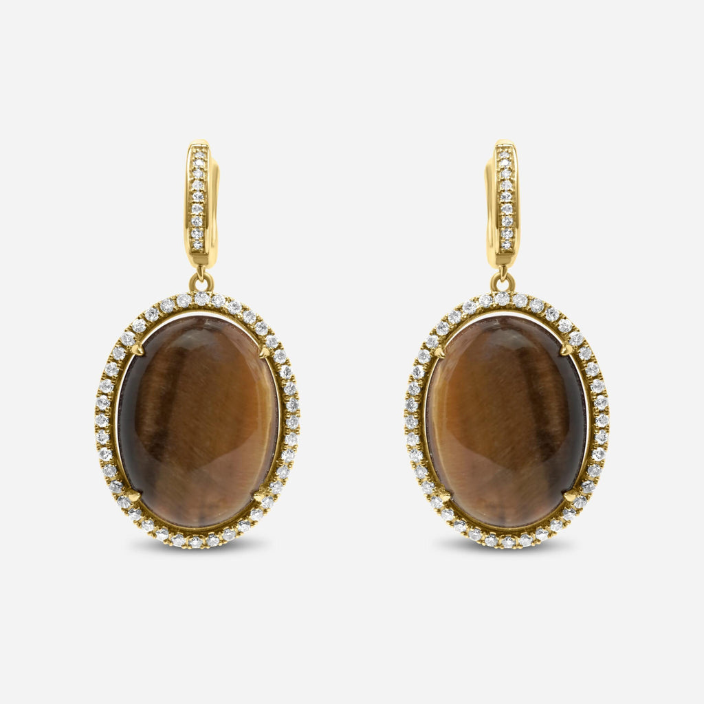 Golden Brown Tigers Eye Halo Yellow Gold Huggie Halo Diamond Pave Drop Earrings