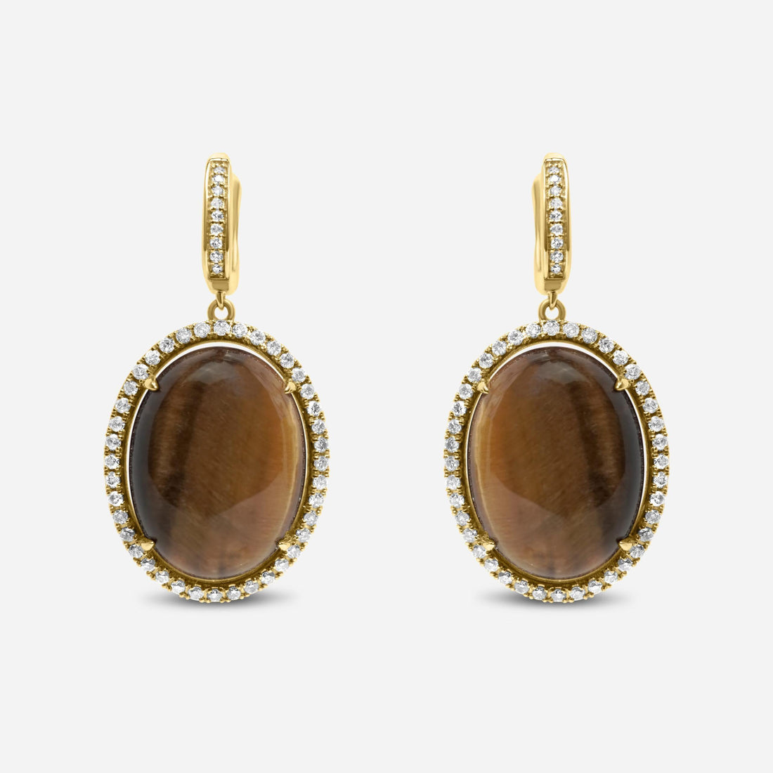 Golden Brown Tigers Eye Halo Yellow Gold Huggie Halo Diamond Pave Drop Earrings