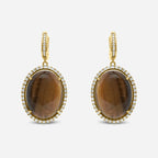 Golden Brown Tigers Eye Halo Yellow Gold Huggie Halo Diamond Pave Drop Earrings
