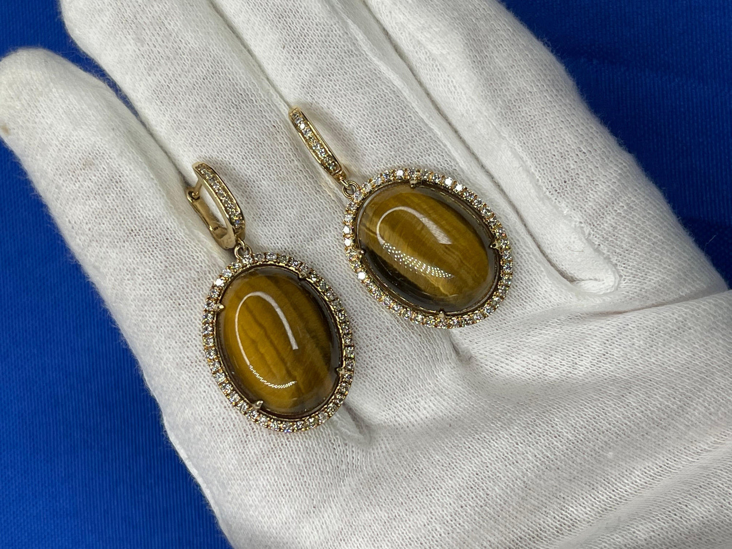 Golden Brown Tigers Eye Halo Yellow Gold Huggie Halo Diamond Pave Drop Earrings