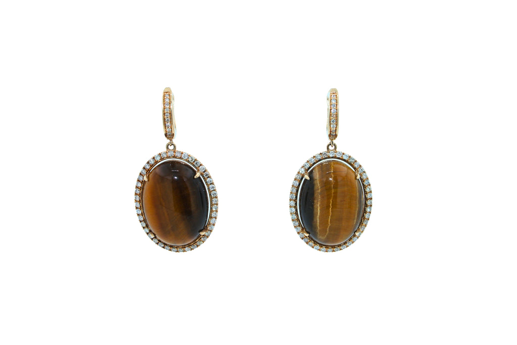 Golden Brown Tigers Eye Halo Yellow Gold Huggie Halo Diamond Pave Drop Earrings