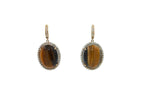 Golden Brown Tigers Eye Halo Yellow Gold Huggie Halo Diamond Pave Drop Earrings