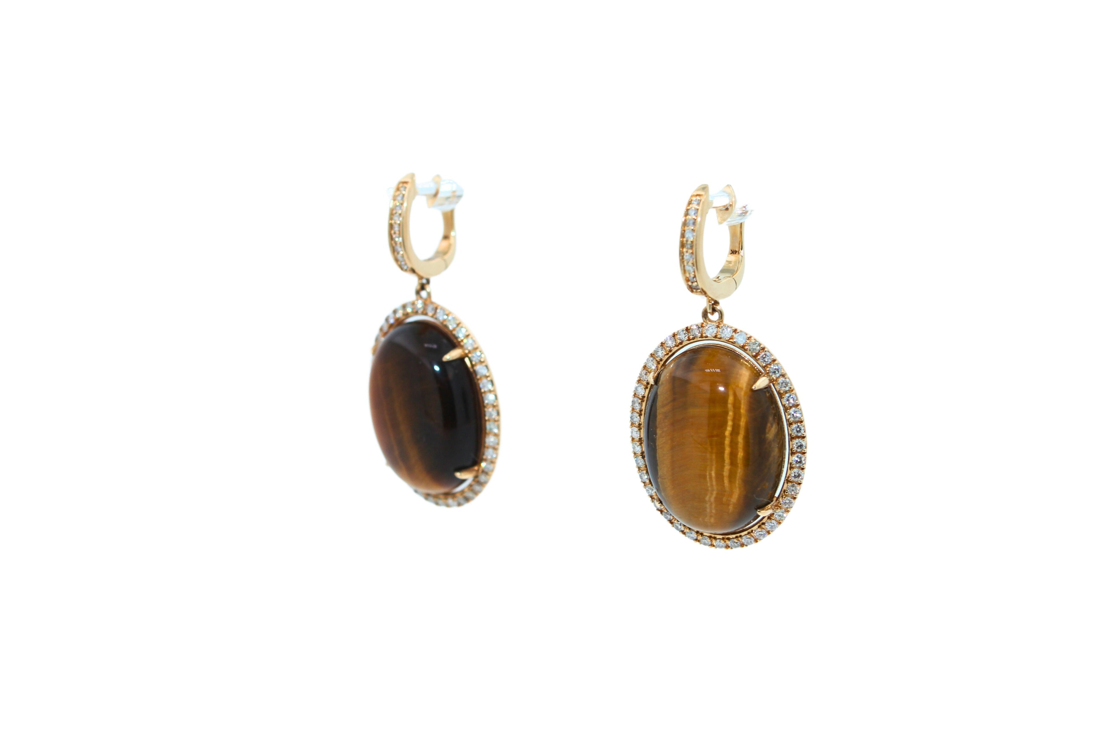 Golden Brown Tigers Eye Halo Yellow Gold Huggie Halo Diamond Pave Drop Earrings