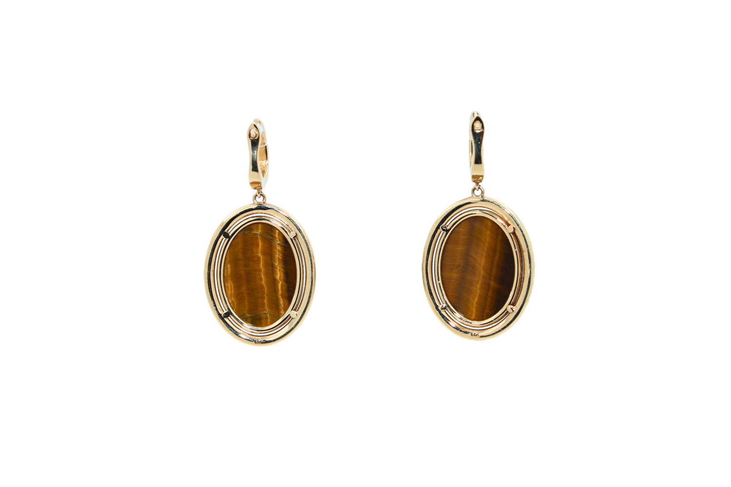 Golden Brown Tigers Eye Halo Yellow Gold Huggie Halo Diamond Pave Drop Earrings