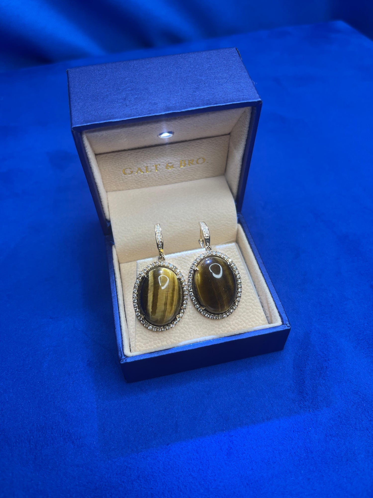 Golden Brown Tigers Eye Halo Yellow Gold Huggie Halo Diamond Pave Drop Earrings