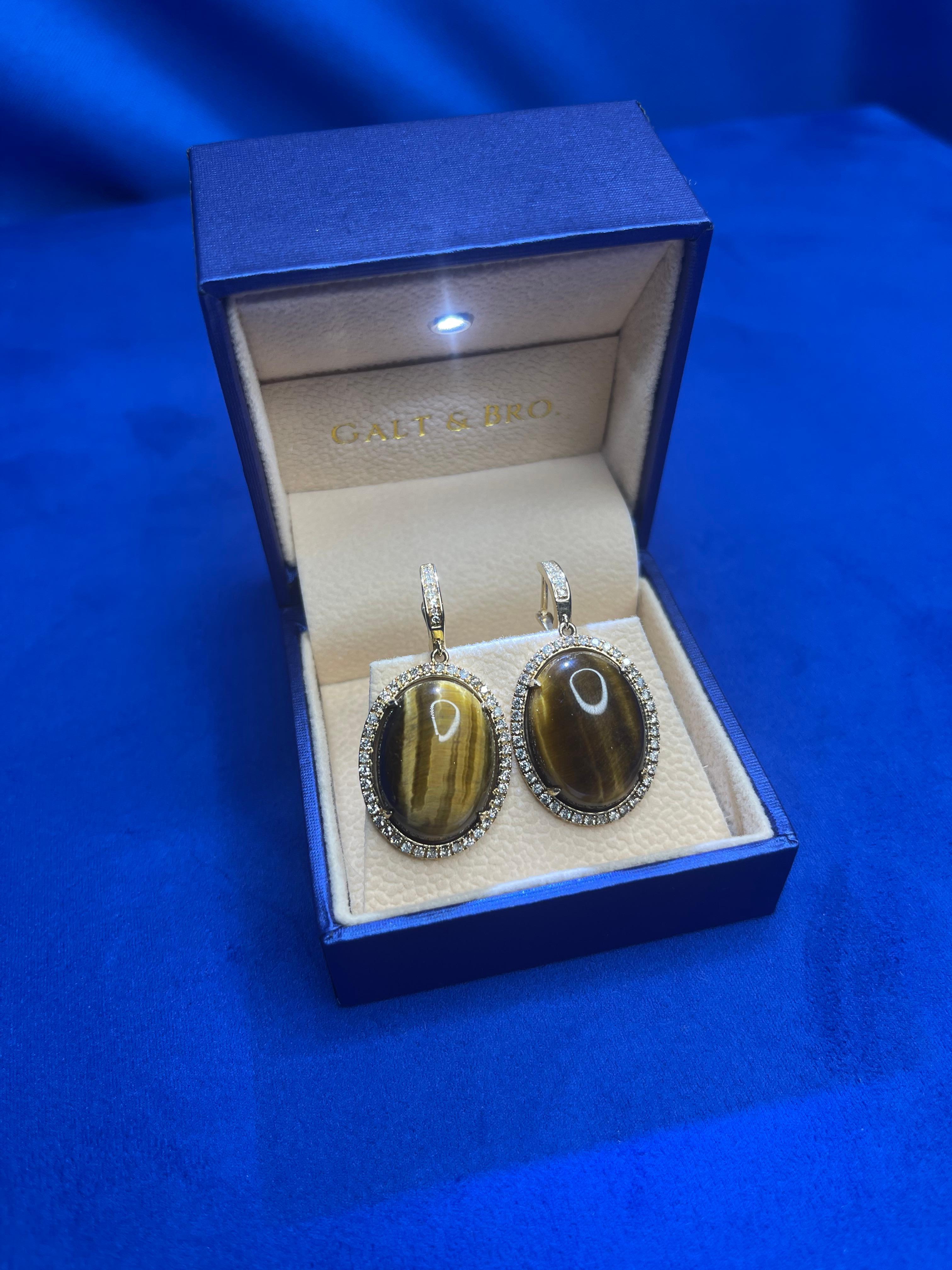 Golden Brown Tigers Eye Halo Yellow Gold Huggie Halo Diamond Pave Drop Earrings