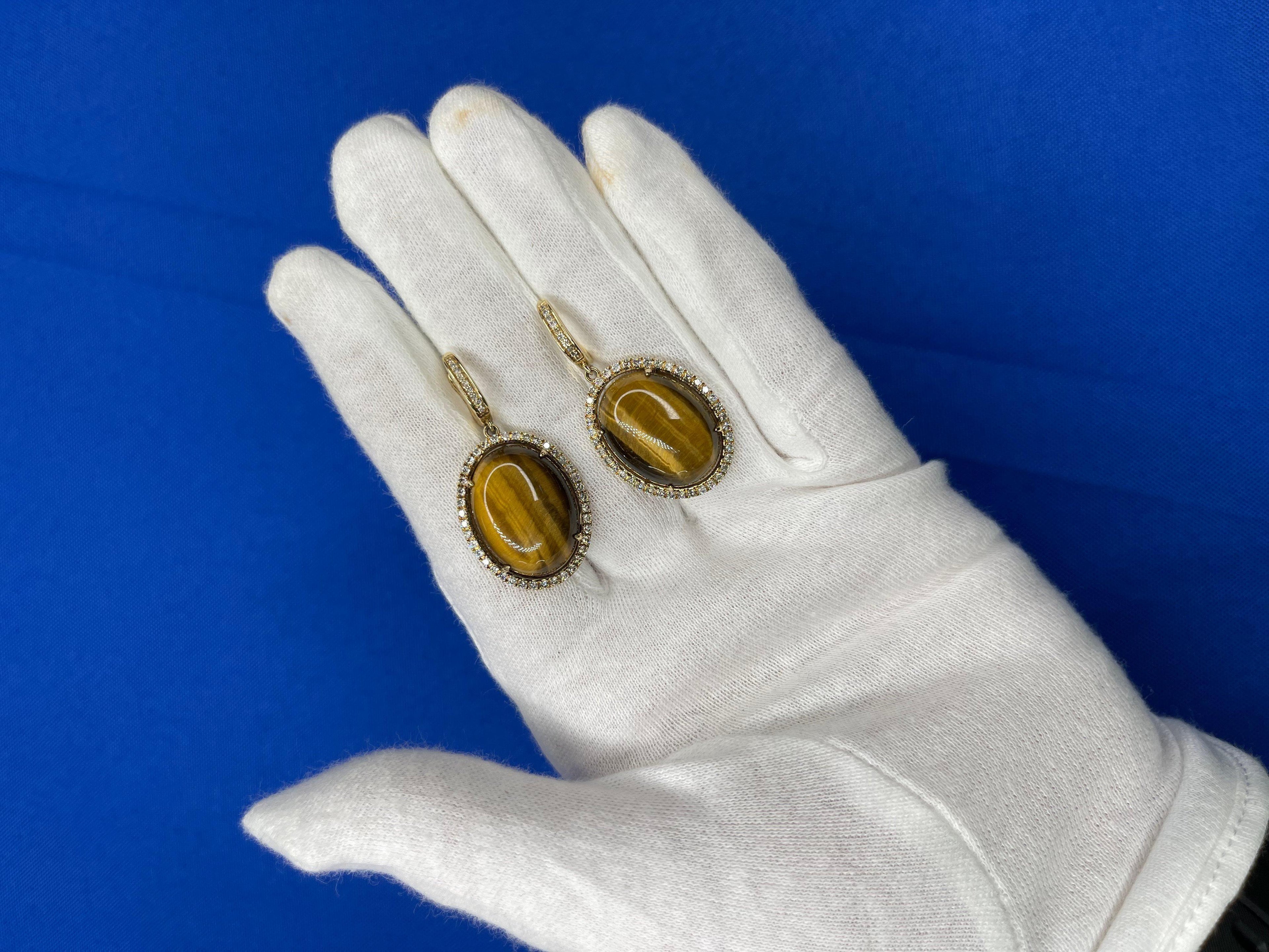Golden Brown Tigers Eye Halo Yellow Gold Huggie Halo Diamond Pave Drop Earrings