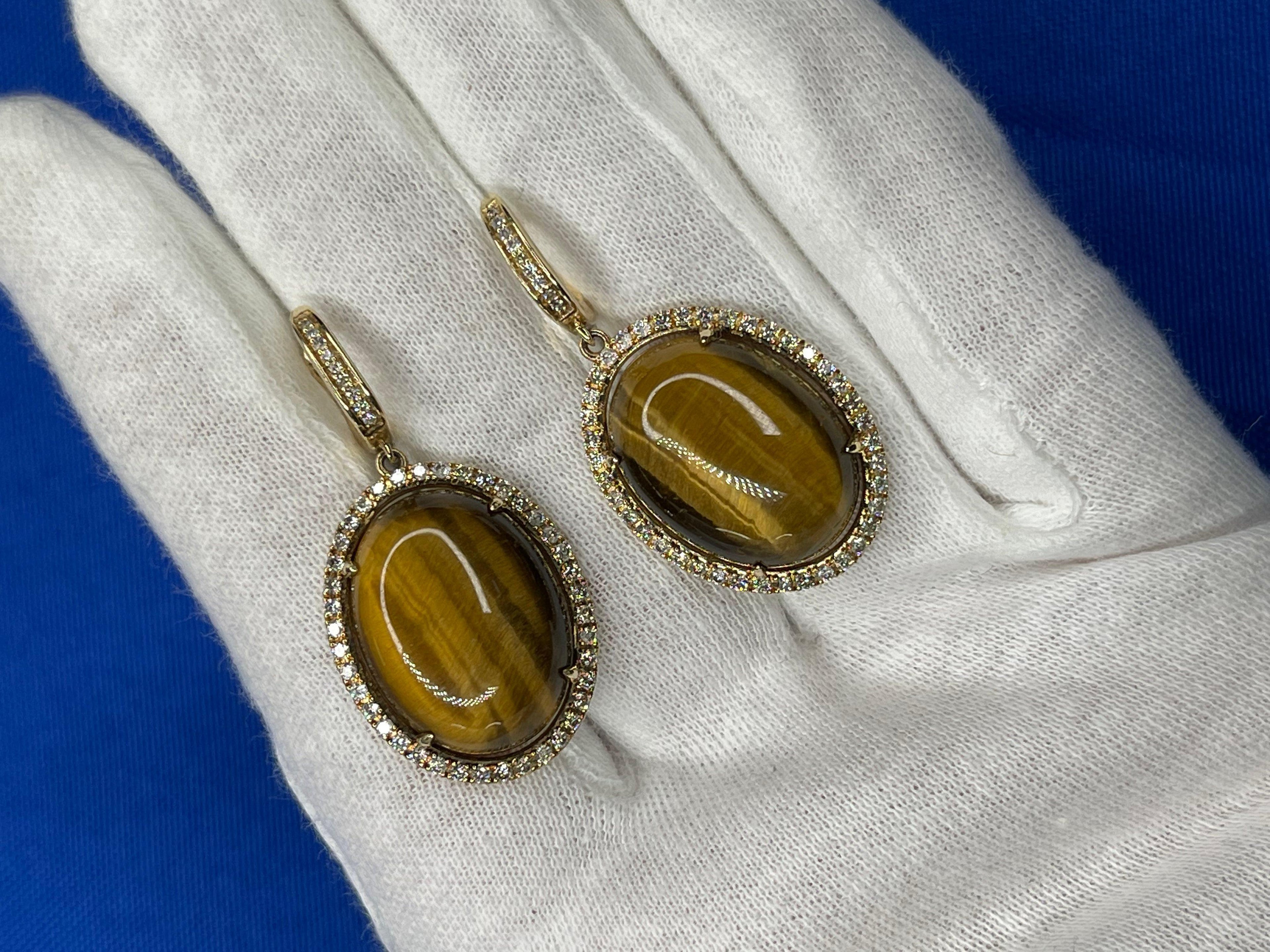Golden Brown Tigers Eye Halo Yellow Gold Huggie Halo Diamond Pave Drop Earrings