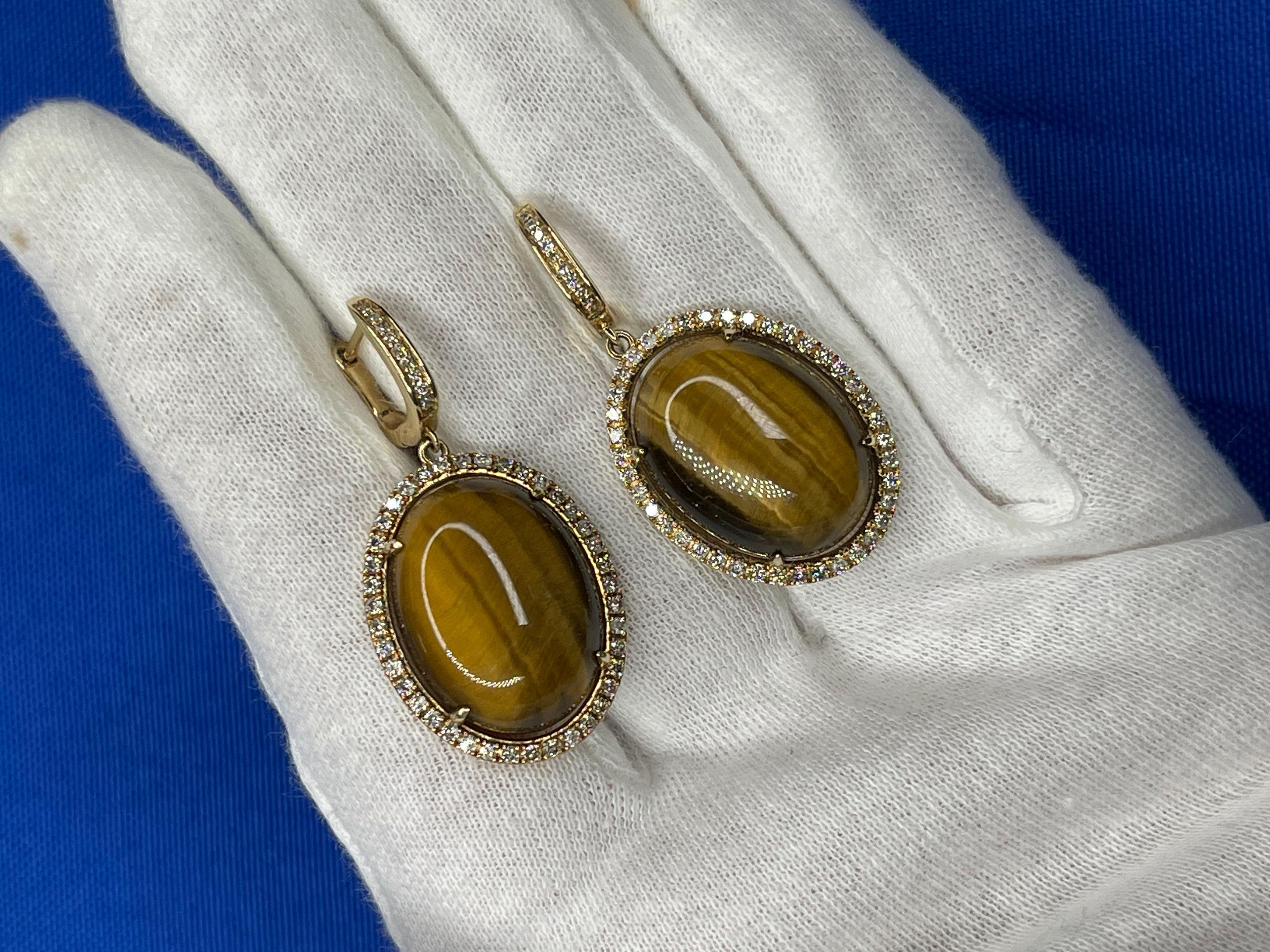 Golden Brown Tigers Eye Halo Yellow Gold Huggie Halo Diamond Pave Drop Earrings