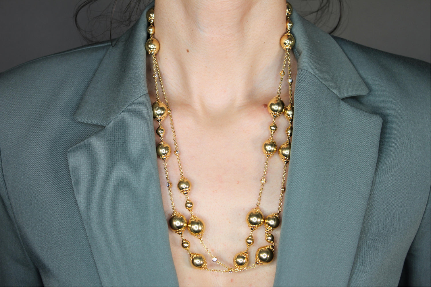 Golden Celestial Planets Spheres Globes Diamonds 18k Yellow Gold Long Necklace
