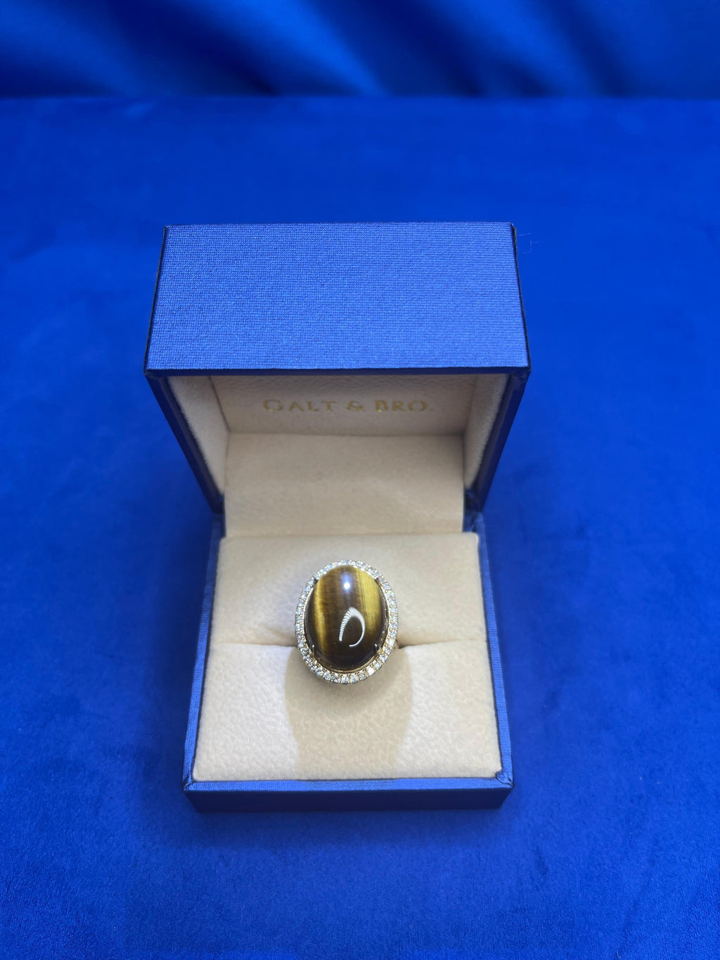 Golden Oval Tiger's Eye Cabochon Diamond Halo Cocktail 14 Karat Yellow Gold Ring