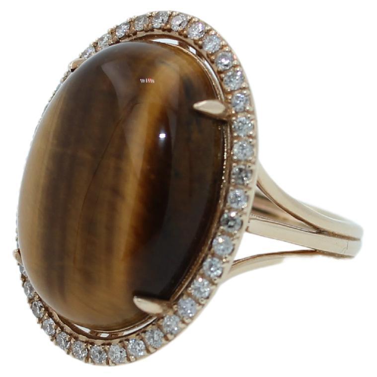 Golden Oval Tiger's Eye Cabochon Diamond Halo Cocktail 14 Karat Yellow Gold Ring