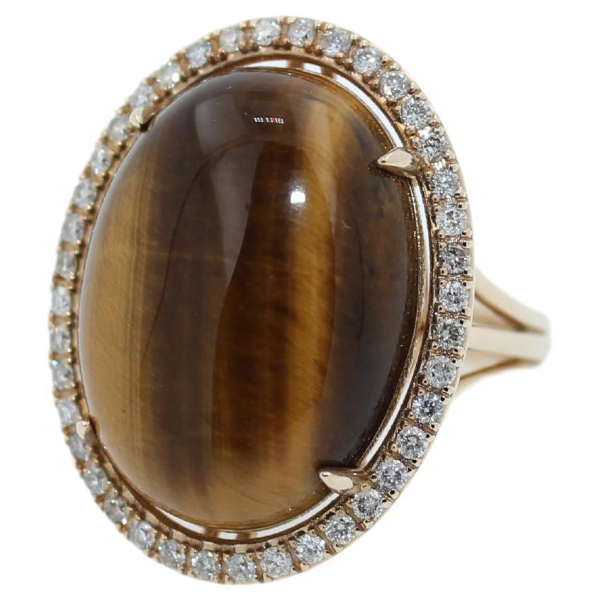 Golden Oval Tiger's Eye Cabochon Diamond Halo Cocktail 14 Karat Yellow Gold Ring