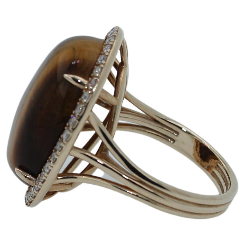 Golden Oval Tiger's Eye Cabochon Diamond Halo Cocktail 14 Karat Yellow Gold Ring