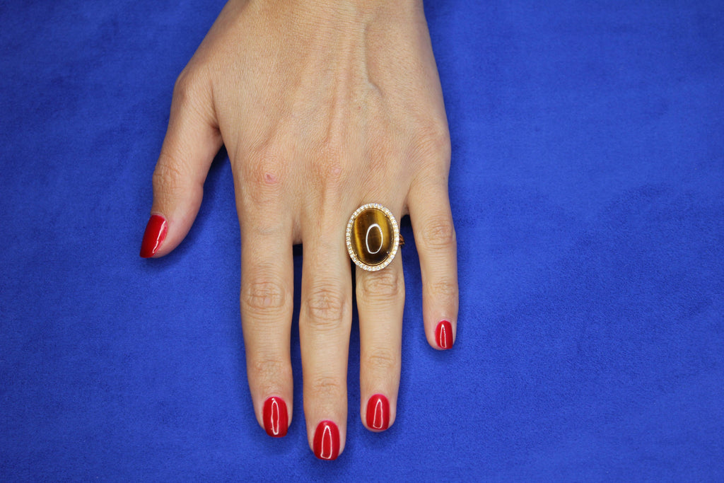 Golden Oval Tiger's Eye Cabochon Diamond Halo Cocktail 14 Karat Yellow Gold Ring