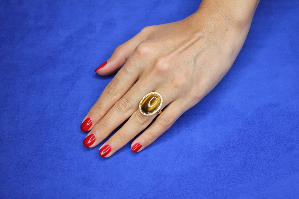 Golden Oval Tiger's Eye Cabochon Diamond Halo Cocktail 14 Karat Yellow Gold Ring